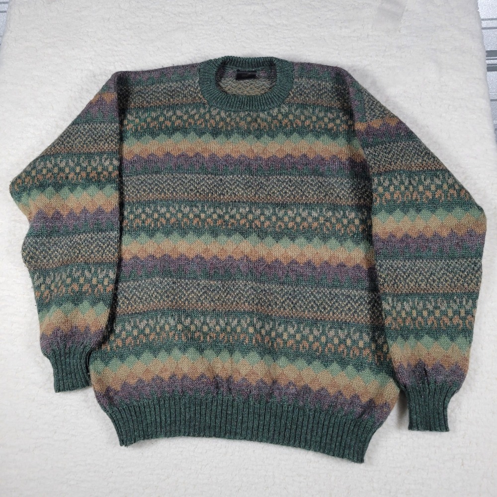 Artesania Cusco Sweater Mens XL Green Multi 100% Alpaca Wool Geometric Peru Knit
